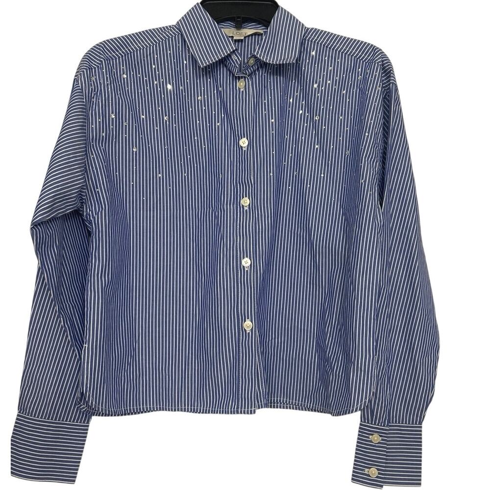 LOFT Blue Striped Cotton Embellished Cropped Relaxed  Boxy Button Shirt XS 2024